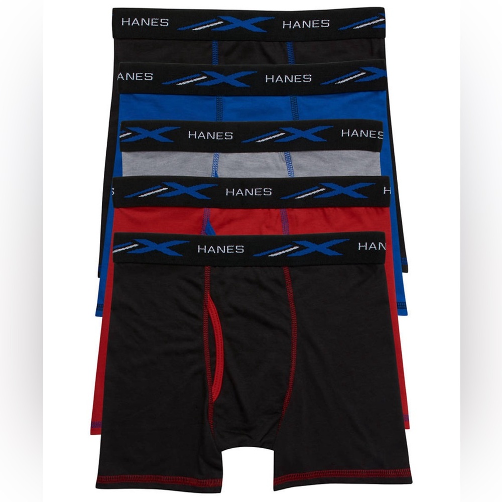 NEW Boys 5 pack Hanes Sport Boxer Briefs (Black / Blue / Red) - Size XL (18-20)